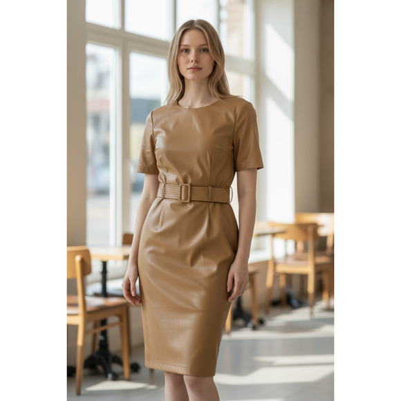 Calvin Klein Dresses & Skirts - Calvin Klein Tan Faux Leather Belted Knee Length Sheath Dress Short Sleeve Sz 6